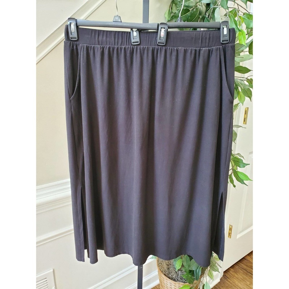 Terra & Sky Women Solid Black Polyester Comfort Waist Knee Length Skirt Size 2X